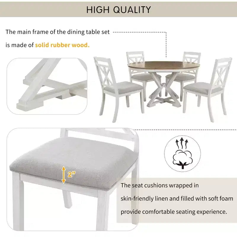Farmhouse Extendable Round Dining Set for 4, Kitchen Dining Table Set with 4 Upholstered Dining Chairs for Dining Room