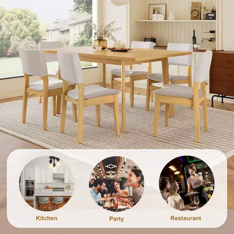 GDFStudio Dalton 7-Piece Modern Dining Set - Rectangular Solid Wood Table & Upholstered Linen Chairs