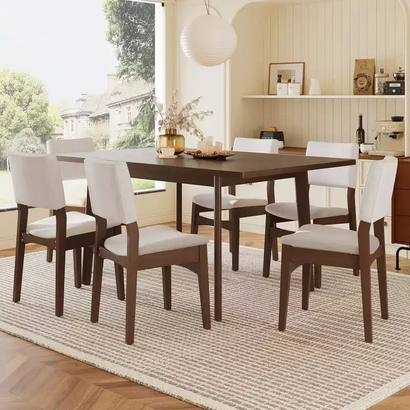 GDFStudio Dalton 7-Piece Modern Dining Set - Rectangular Solid Wood Table & Upholstered Linen Chairs