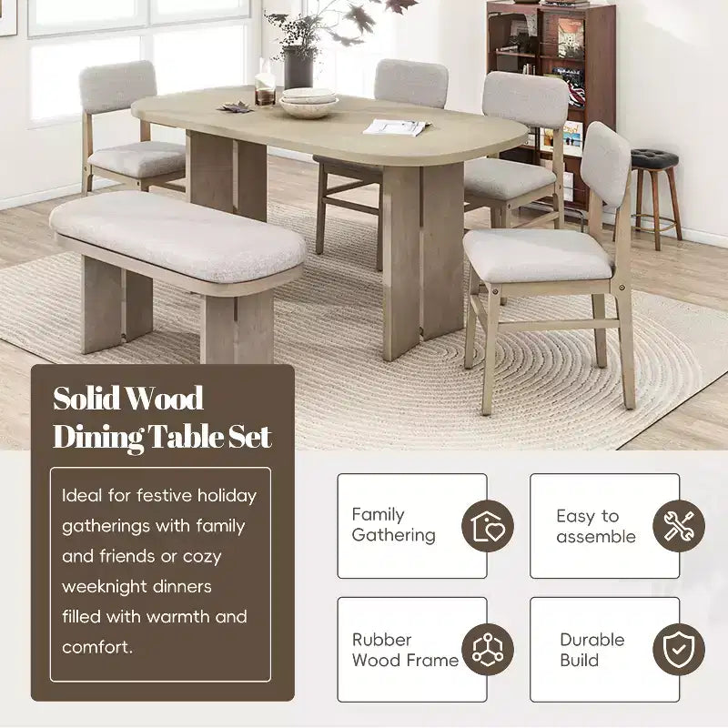 Solid Wood Dining Table Set with Bench for 5, 6 Pieces Upholstered Rectangular Dining Room Table Set with 4 Chairs & Bench