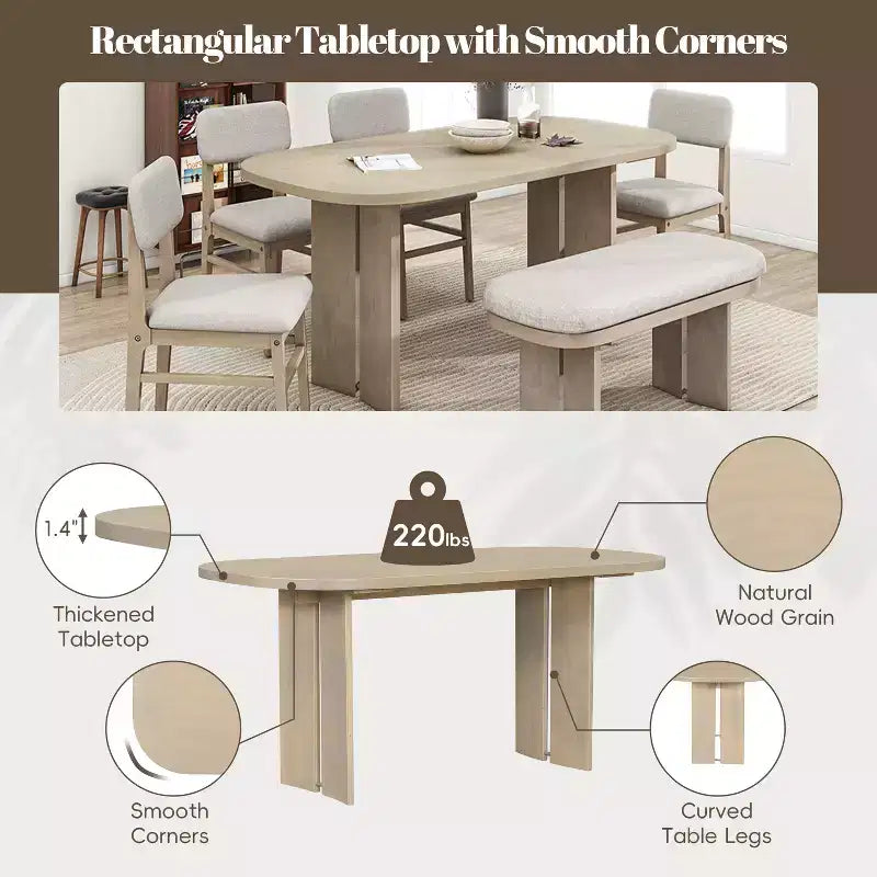 Solid Wood Dining Table Set with Bench for 5, 6 Pieces Upholstered Rectangular Dining Room Table Set with 4 Chairs & Bench