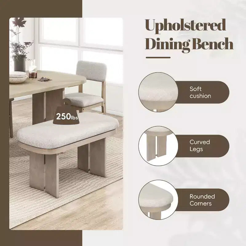 Solid Wood Dining Table Set with Bench for 5, 6 Pieces Upholstered Rectangular Dining Room Table Set with 4 Chairs & Bench