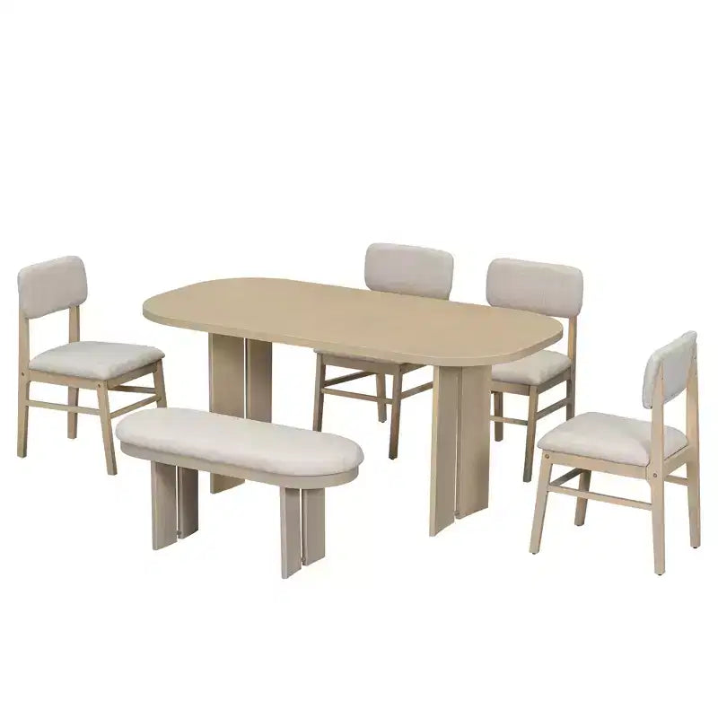 Solid Wood Dining Table Set with Bench for 5, 6 Pieces Upholstered Rectangular Dining Room Table Set with 4 Chairs & Bench