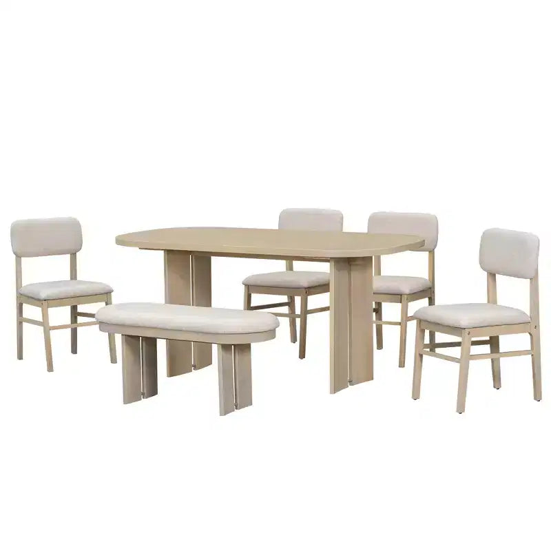 Solid Wood Dining Table Set with Bench for 5, 6 Pieces Upholstered Rectangular Dining Room Table Set with 4 Chairs & Bench