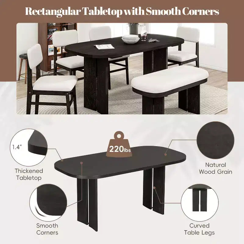 Solid Wood Dining Table Set with Bench for 5, 6 Pieces Upholstered Rectangular Dining Room Table Set with 4 Chairs & Bench