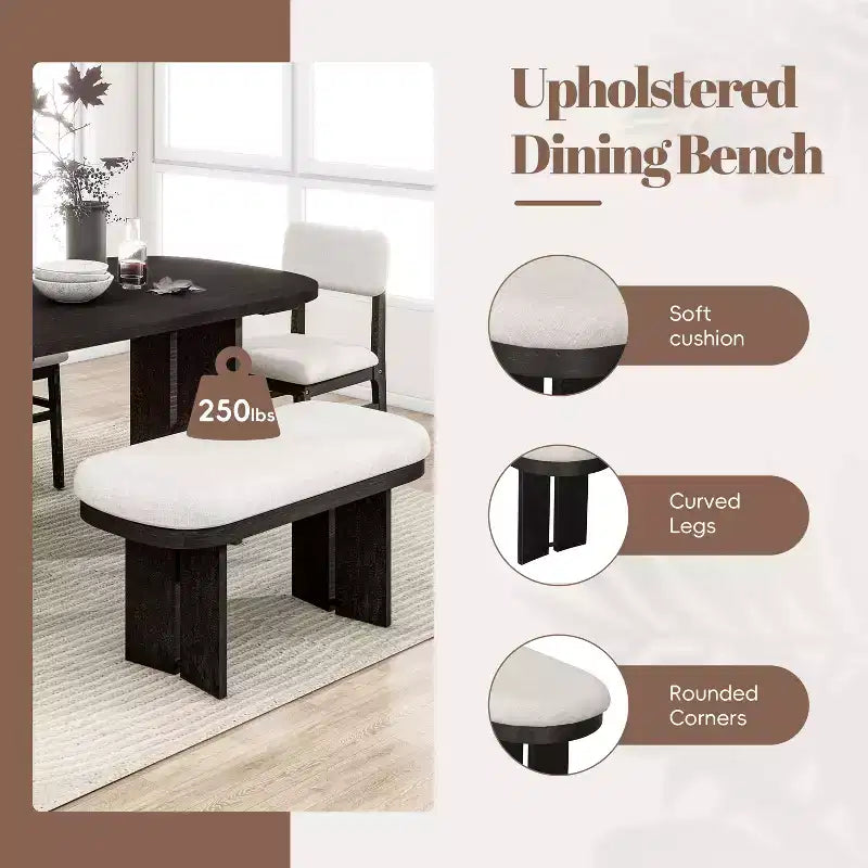 Solid Wood Dining Table Set with Bench for 5, 6 Pieces Upholstered Rectangular Dining Room Table Set with 4 Chairs & Bench