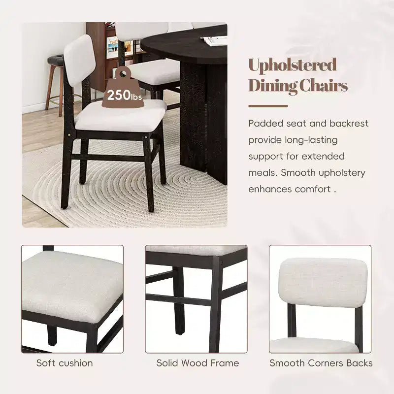 Solid Wood Dining Table Set with Bench for 5, 6 Pieces Upholstered Rectangular Dining Room Table Set with 4 Chairs & Bench