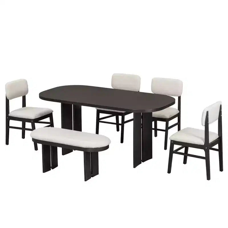 Solid Wood Dining Table Set with Bench for 5, 6 Pieces Upholstered Rectangular Dining Room Table Set with 4 Chairs & Bench