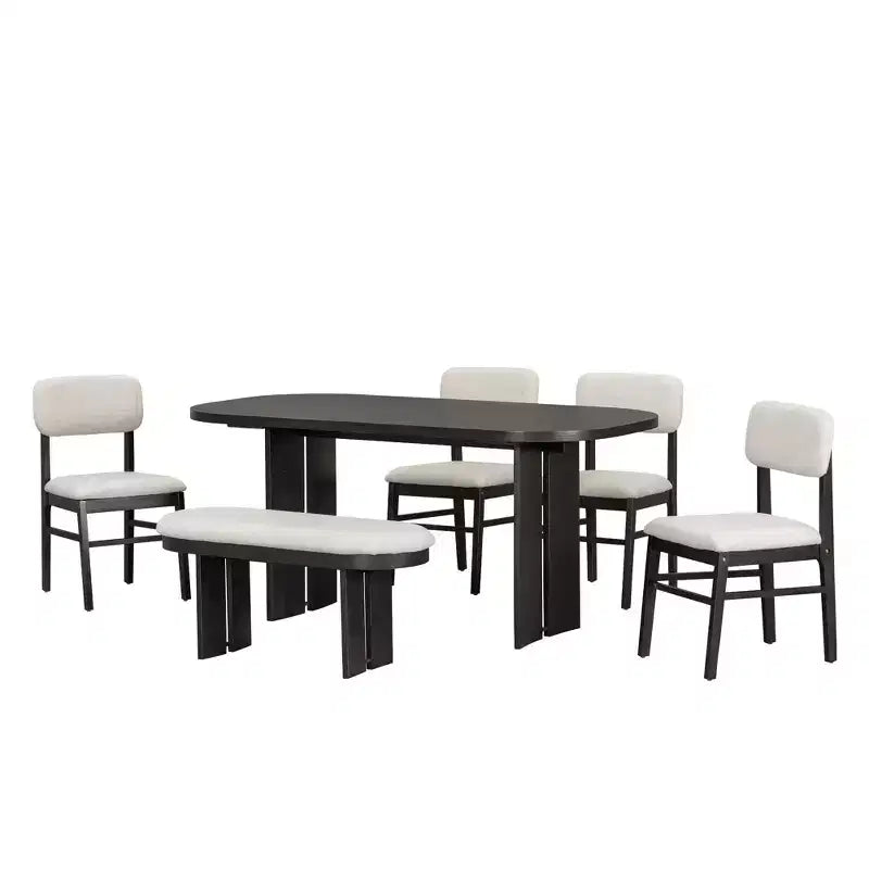 Solid Wood Dining Table Set with Bench for 5, 6 Pieces Upholstered Rectangular Dining Room Table Set with 4 Chairs & Bench
