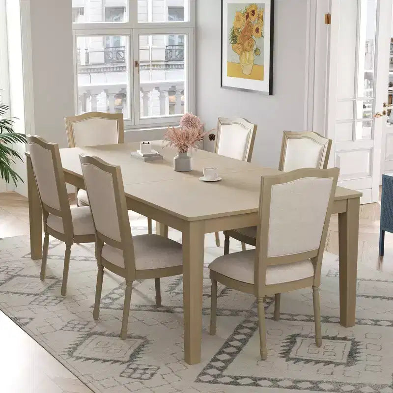 Rustic Extendable Dining Table Set for 6, 7 Pieces Rectangle Dining Table with 6 Upholstered Chairs, Kitchen Table Set with 2 Drawers