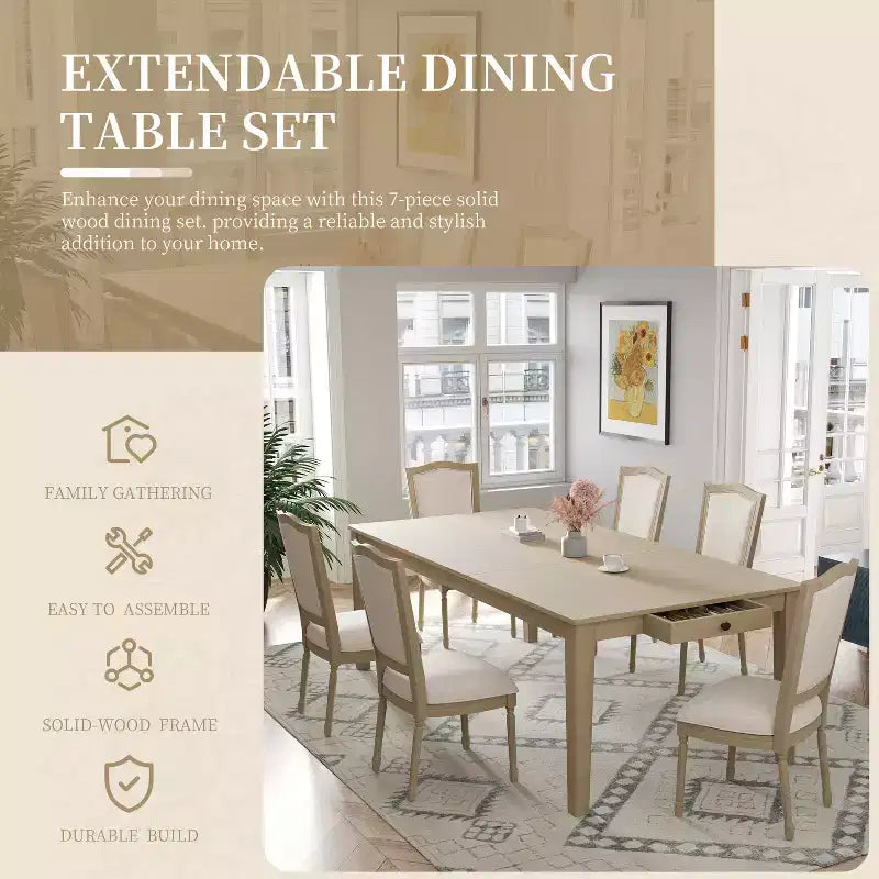Rustic Extendable Dining Table Set for 6, 7 Pieces Rectangle Dining Table with 6 Upholstered Chairs, Kitchen Table Set with 2 Drawers