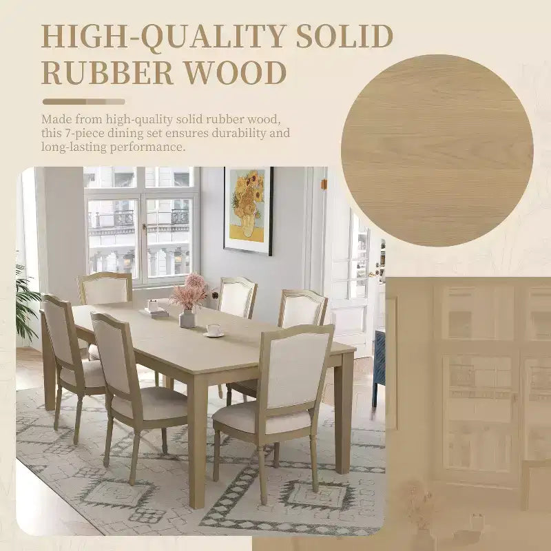 Rustic Extendable Dining Table Set for 6, 7 Pieces Rectangle Dining Table with 6 Upholstered Chairs, Kitchen Table Set with 2 Drawers