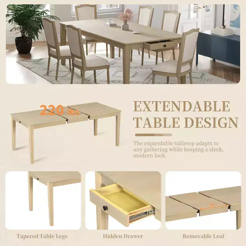 Rustic Extendable Dining Table Set for 6, 7 Pieces Rectangle Dining Table with 6 Upholstered Chairs, Kitchen Table Set with 2 Drawers