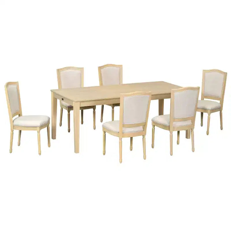 Rustic Extendable Dining Table Set for 6, 7 Pieces Rectangle Dining Table with 6 Upholstered Chairs, Kitchen Table Set with 2 Drawers
