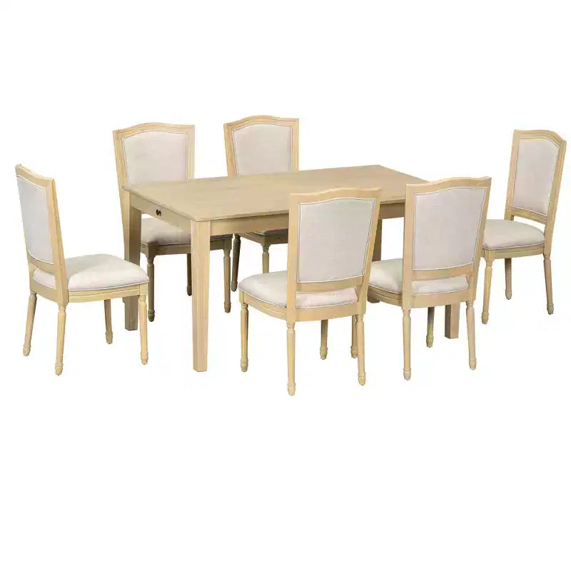 Rustic Extendable Dining Table Set for 6, 7 Pieces Rectangle Dining Table with 6 Upholstered Chairs, Kitchen Table Set with 2 Drawers