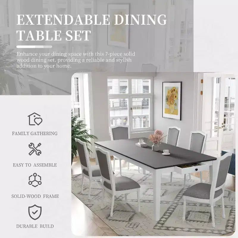 Rustic Extendable Dining Table Set for 6, 7 Pieces Rectangle Dining Table with 6 Upholstered Chairs, Kitchen Table Set with 2 Drawers