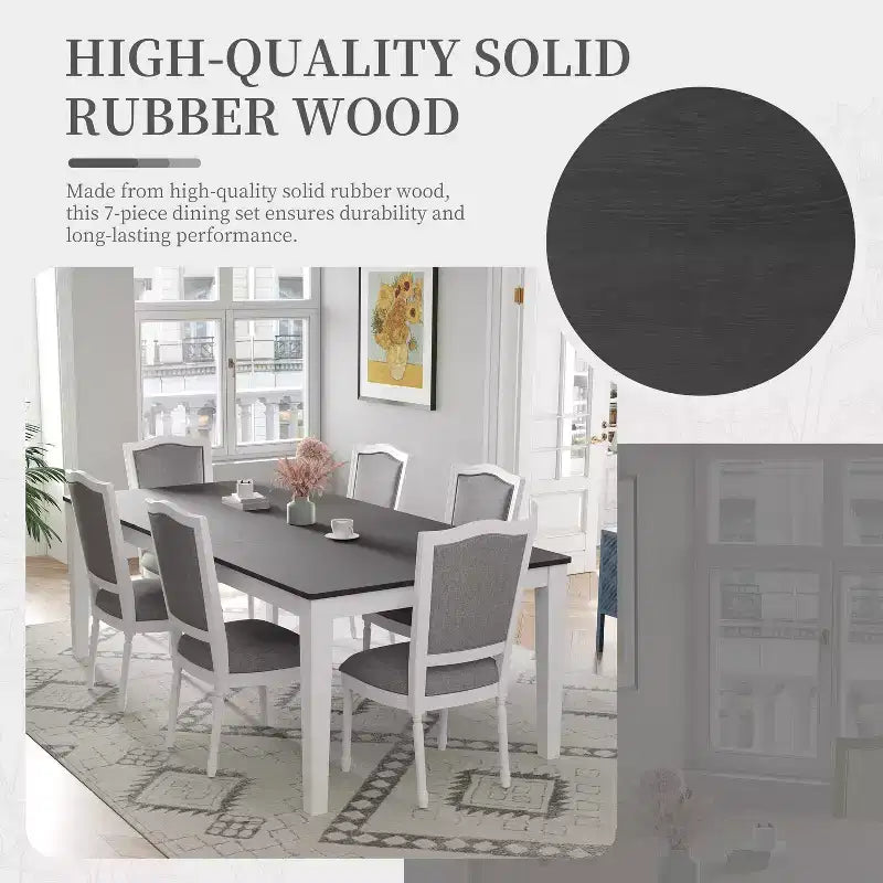Rustic Extendable Dining Table Set for 6, 7 Pieces Rectangle Dining Table with 6 Upholstered Chairs, Kitchen Table Set with 2 Drawers