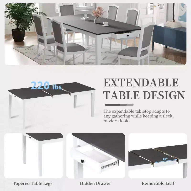 Rustic Extendable Dining Table Set for 6, 7 Pieces Rectangle Dining Table with 6 Upholstered Chairs, Kitchen Table Set with 2 Drawers