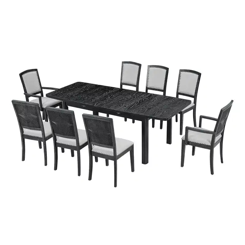 9 Pieces Extendable Dining Table Set for 6, Rectangular Kitchen Dining Table with Removable Leaf and 6 Armless Chairs and 2 Arm Chairs