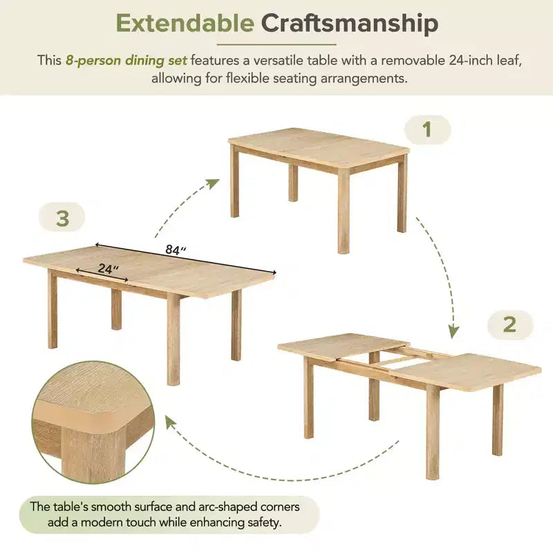 9 Pieces Extendable Dining Table Set for 6, Rectangular Kitchen Dining Table with Removable Leaf and 6 Armless Chairs and 2 Arm Chairs