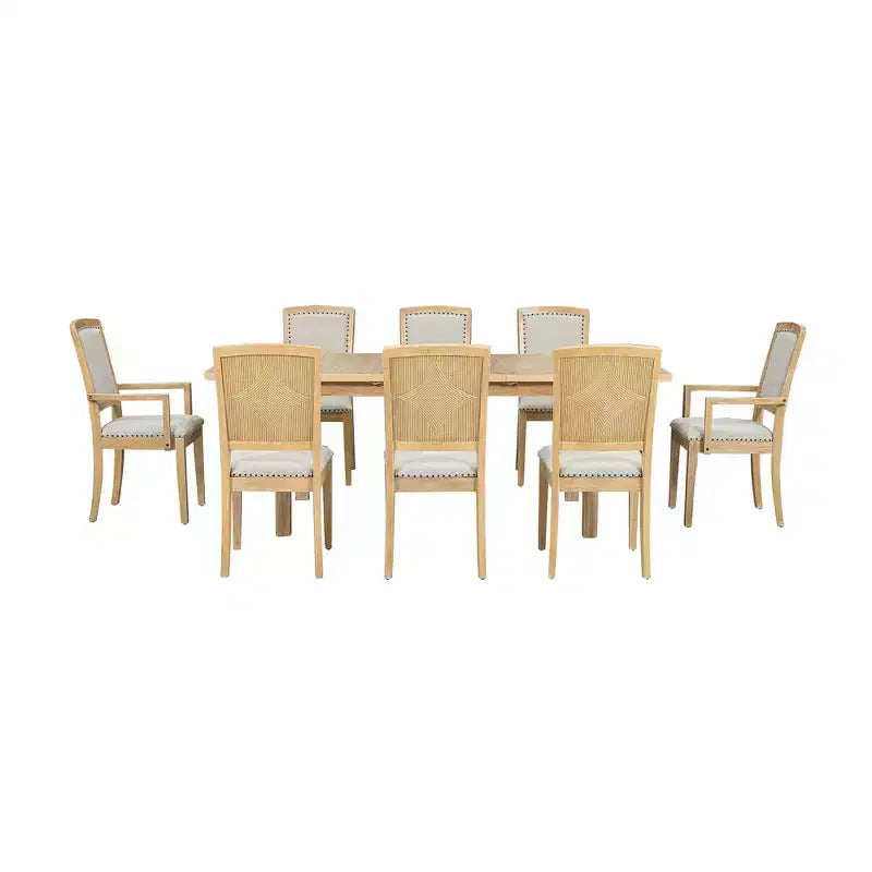 9 Pieces Extendable Dining Table Set for 6, Rectangular Kitchen Dining Table with Removable Leaf and 6 Armless Chairs and 2 Arm Chairs