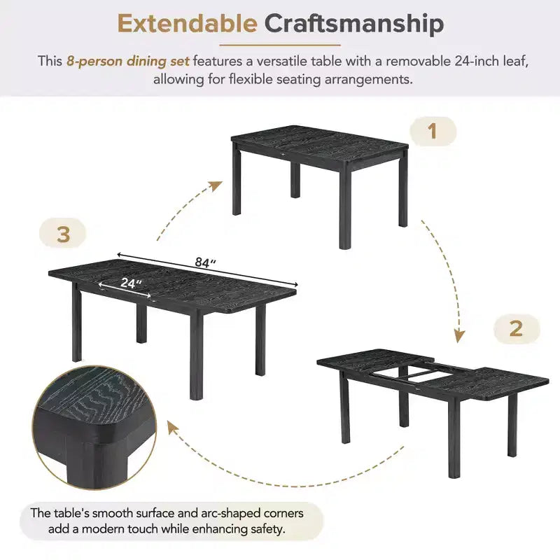 9 Pieces Extendable Dining Table Set for 6, Rectangular Kitchen Dining Table with Removable Leaf and 6 Armless Chairs and 2 Arm Chairs