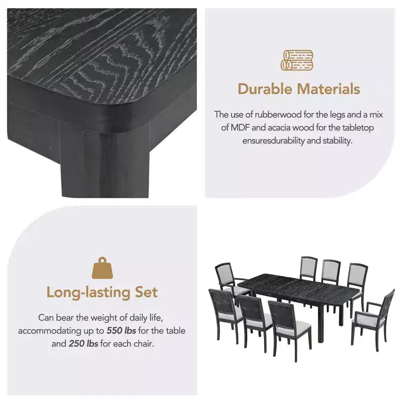 9 Pieces Extendable Dining Table Set for 6, Rectangular Kitchen Dining Table with Removable Leaf and 6 Armless Chairs and 2 Arm Chairs