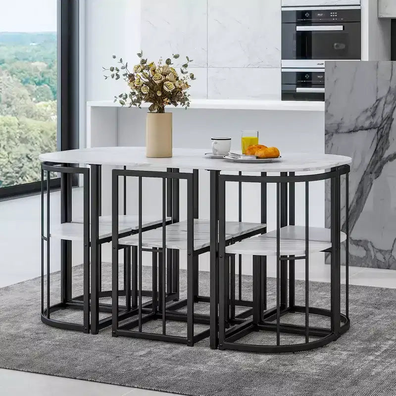 Modern Marble Dining Table Set for 6 with Metal Frame, Rectangular Marble Sticker Table and 6 Chairs for Dining Room Kitchen