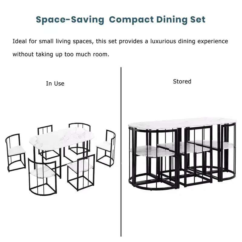 Modern Marble Dining Table Set for 6 with Metal Frame, Rectangular Marble Sticker Table and 6 Chairs for Dining Room Kitchen