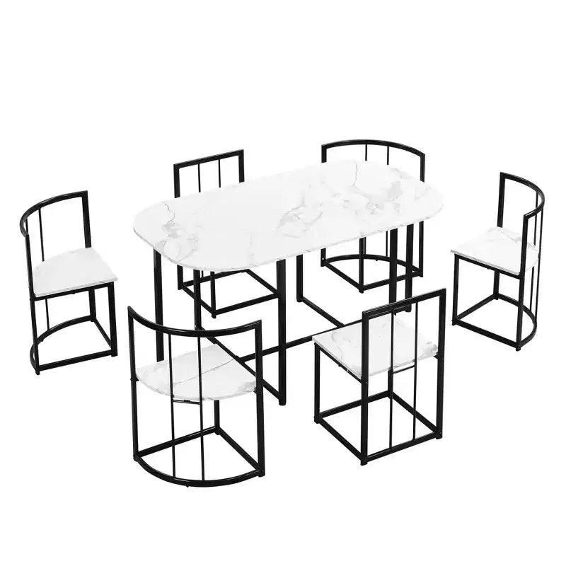 Modern Marble Dining Table Set for 6 with Metal Frame, Rectangular Marble Sticker Table and 6 Chairs for Dining Room Kitchen