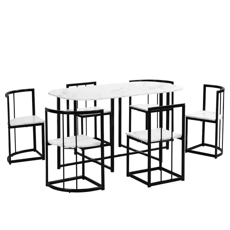 Modern Marble Dining Table Set for 6 with Metal Frame, Rectangular Marble Sticker Table and 6 Chairs for Dining Room Kitchen