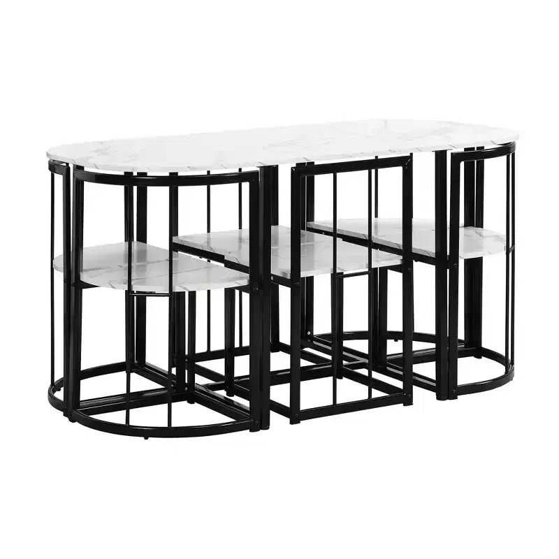 Modern Marble Dining Table Set for 6 with Metal Frame, Rectangular Marble Sticker Table and 6 Chairs for Dining Room Kitchen
