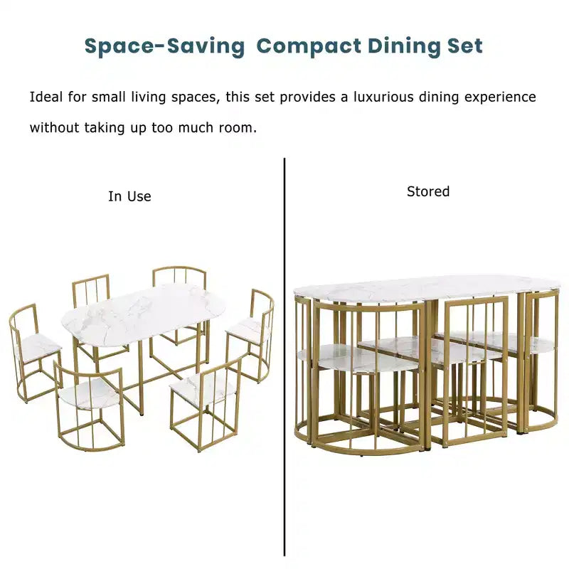 Modern Marble Dining Table Set for 6 with Metal Frame, Rectangular Marble Sticker Table and 6 Chairs for Dining Room Kitchen