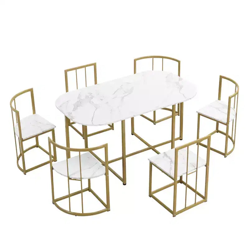 Modern Marble Dining Table Set for 6 with Metal Frame, Rectangular Marble Sticker Table and 6 Chairs for Dining Room Kitchen