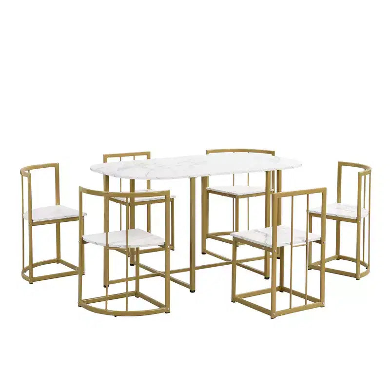 Modern Marble Dining Table Set for 6 with Metal Frame, Rectangular Marble Sticker Table and 6 Chairs for Dining Room Kitchen