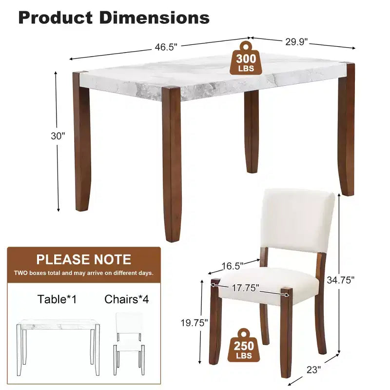 Faux Marble Dining Table Set for 4, 5 Pieces Rectangle Dining Table with 4 Upholstered Chairs for Small Space Kictchen