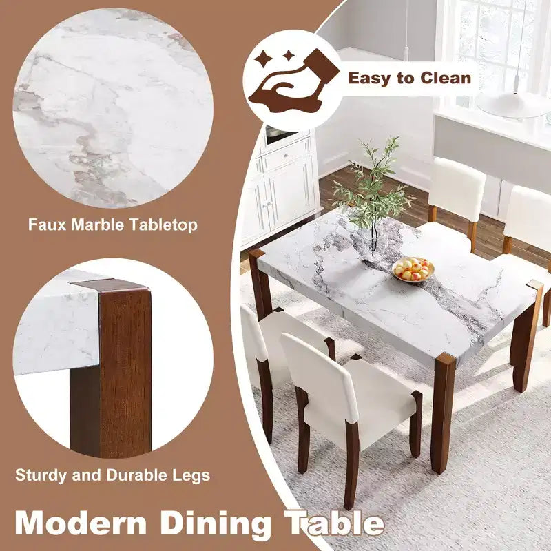 Faux Marble Dining Table Set for 4, 5 Pieces Rectangle Dining Table with 4 Upholstered Chairs for Small Space Kictchen