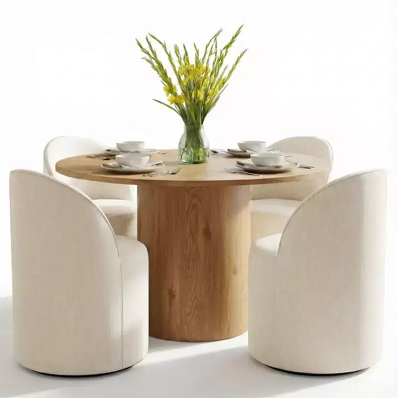 Dining Table Set for 4, Upholstered Barrel Chair with Castors and Round Pedestal Table for Kitchen or Breakfast Nook-Panipeachy