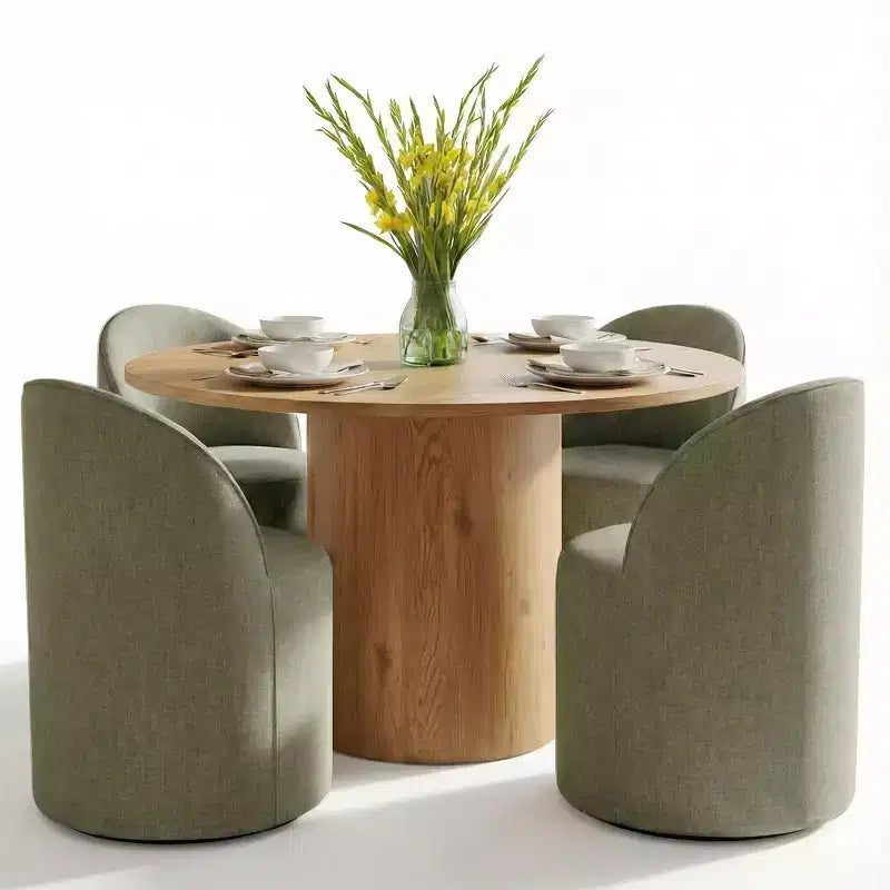 Dining Table Set for 4, Upholstered Barrel Chair with Castors and Round Pedestal Table for Kitchen or Breakfast Nook-Panipeachy