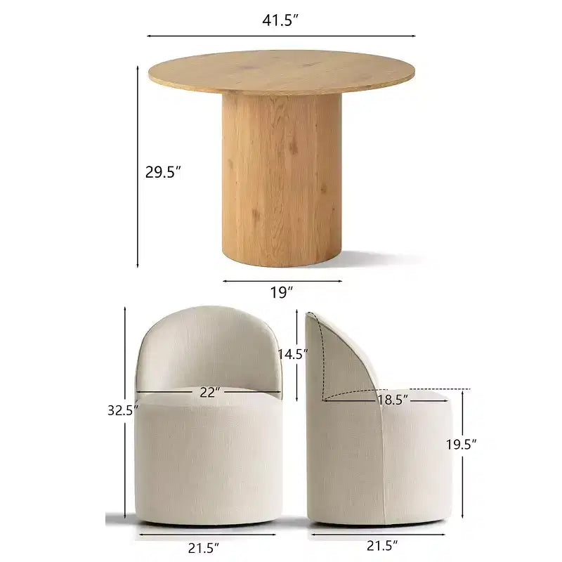 Dining Table Set for 4, Upholstered Barrel Chair with Castors and Round Pedestal Table for Kitchen or Breakfast Nook-Panipeachy