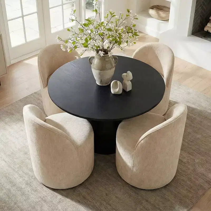 5-Piece Dining Table Set for 4, Modern Barrel Chair with Wheels and Chenille Upholstery, Black Round Pedestal Table-Panipeachy
