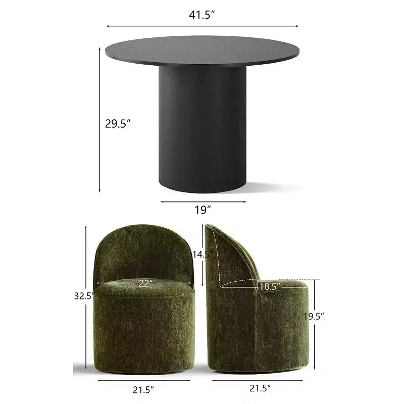 5-Piece Dining Table Set for 4, Modern Barrel Chair with Wheels and Chenille Upholstery, Black Round Pedestal Table-Panipeachy