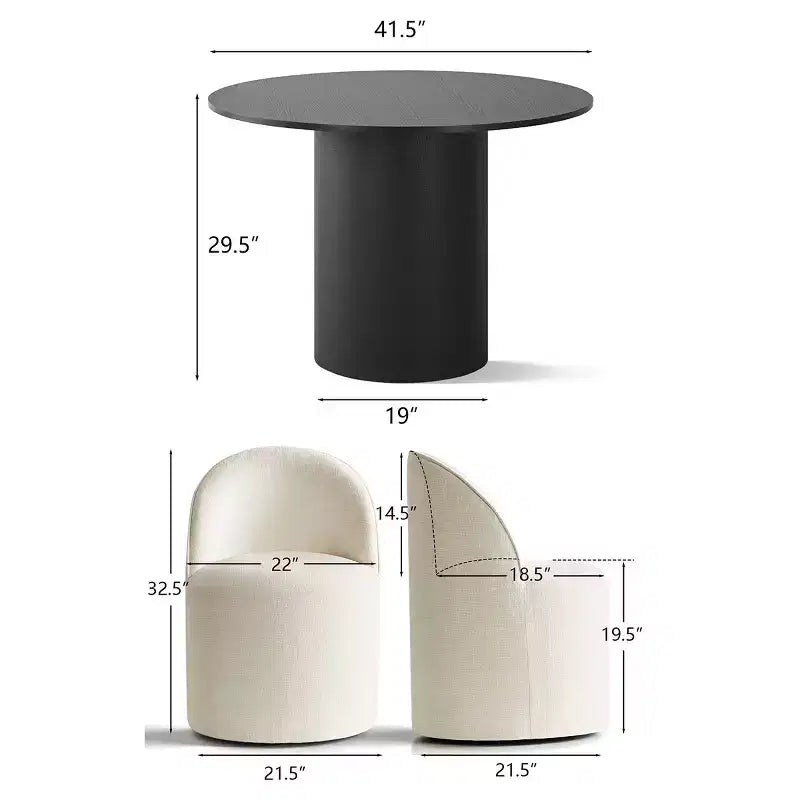 5-Piece Dining Table Set for 4, Modern Barrel Chair with Wheels and Chenille Upholstery, Black Round Pedestal Table-Panipeachy