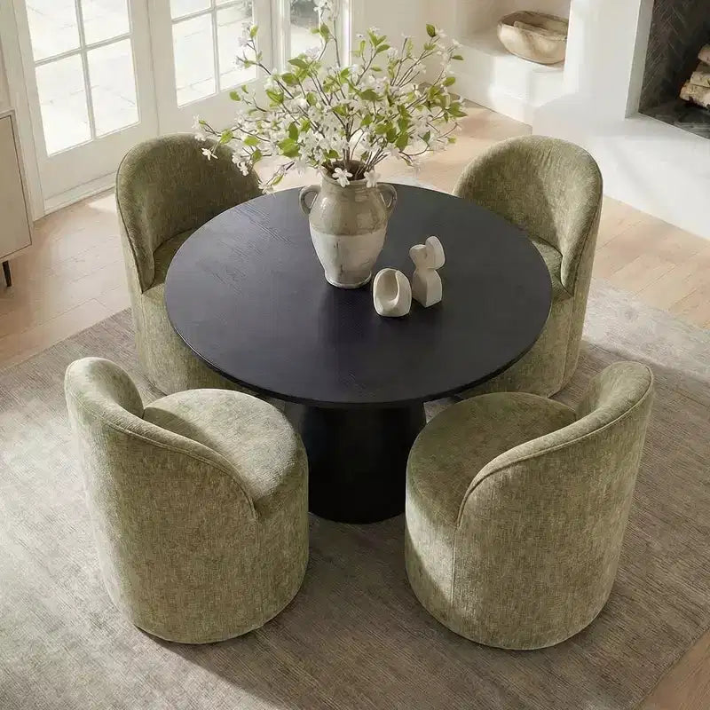 5-Piece Dining Table Set for 4, Modern Barrel Chair with Wheels and Chenille Upholstery, Black Round Pedestal Table-Panipeachy