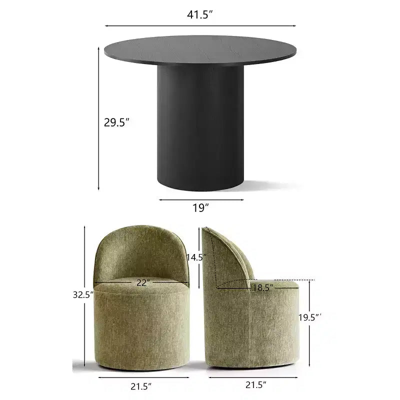 5-Piece Dining Table Set for 4, Modern Barrel Chair with Wheels and Chenille Upholstery, Black Round Pedestal Table-Panipeachy