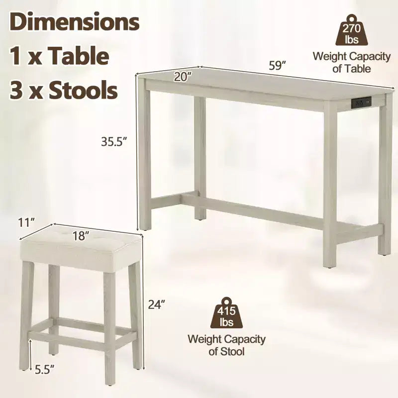 Costway 4PCS Bar Table Set w/Charging Station 3 Padded Stools for Living Room Kitchen