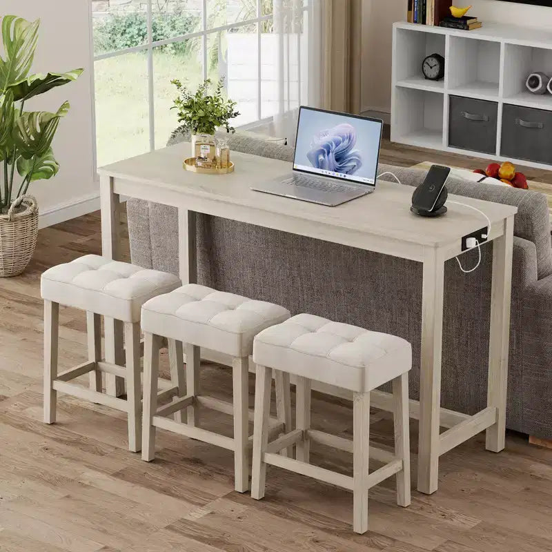 Costway 4PCS Bar Table Set w/Charging Station 3 Padded Stools for Living Room Kitchen