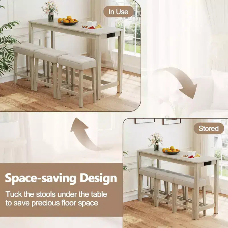 Costway 4PCS Bar Table Set w/Charging Station 3 Padded Stools for Living Room Kitchen