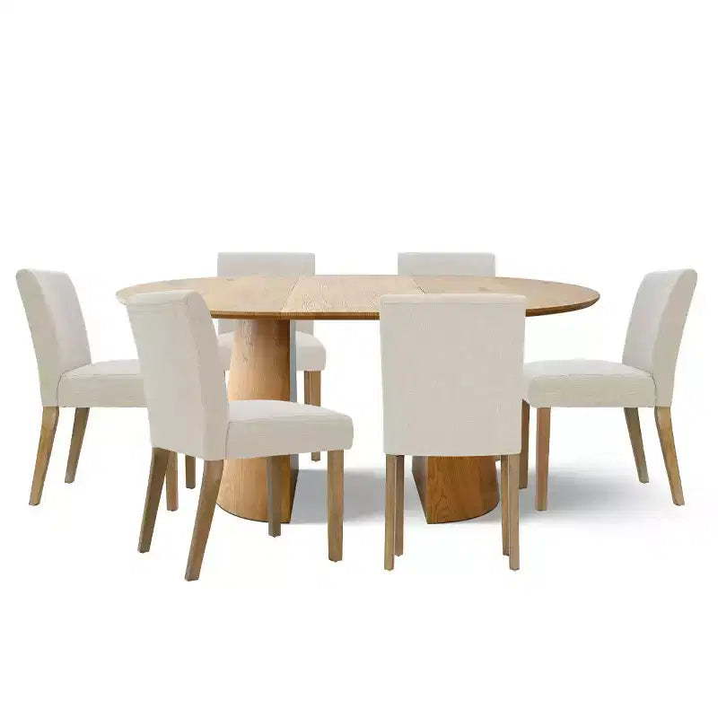 47-83 Extendable Dining Table Set for 6, Natural Wood-Tone Table and 6 Linen Armless Chairs with Solid Wood Legs for Dining Room-Panipeachy