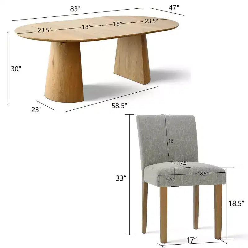 47-83 Extendable Dining Table Set for 6, Natural Wood-Tone Table and 6 Linen Armless Chairs with Solid Wood Legs for Dining Room-Panipeachy